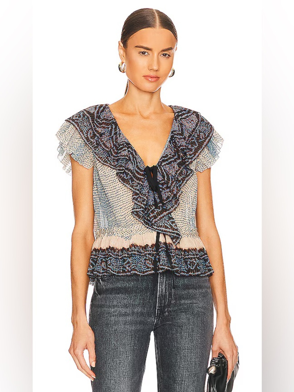 New Ulla Johnson Kaede Silk Ruffled Tie V-Neck Peplum Top in Moonstone